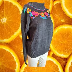 Nicole Curie Women's Black Acrylic‎ Floral Embroidered Mock-Neck Sweater Size M